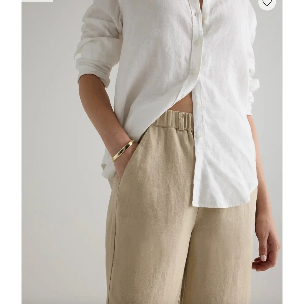 Quince Womens European Linen Wide Leg Cropped Pants Oatmeal Beige Size M